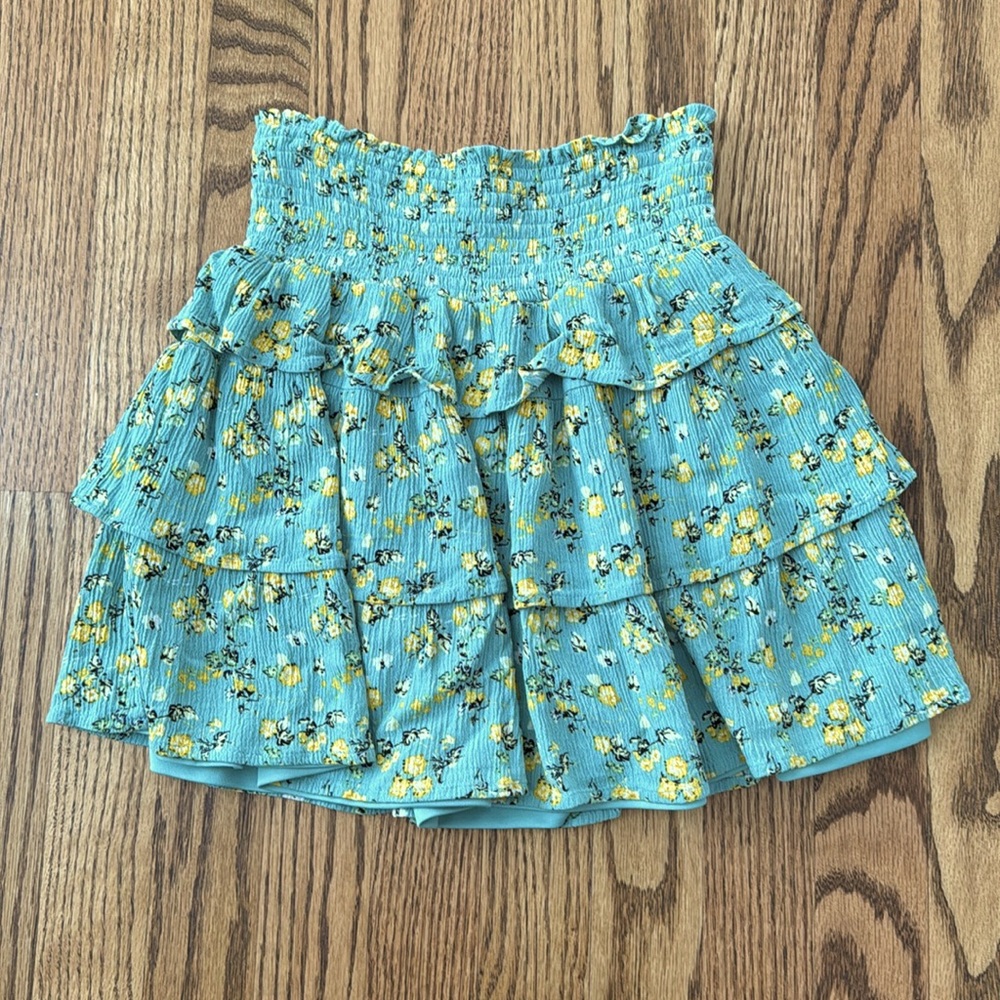 Chelsea Violet Girls Green & Yellow Floral Ruffle Tiered Mini Skirt Size L